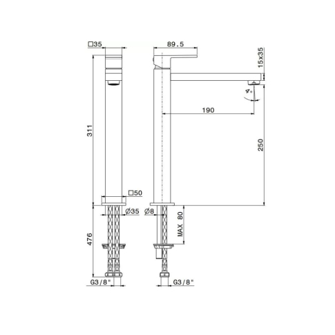 Смеситель для раковины FUTURA однорычажный, высокий, без донного клапана 3/8, хром 66419KM.21.018  																										 - картинка 3