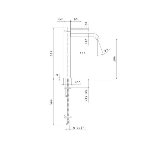 Смеситель для раковины ETERNA однорычажный, высокий, без донного клапана 3/8,нержавеющая сталь 69615XKM.50.050																														 - картинка 2